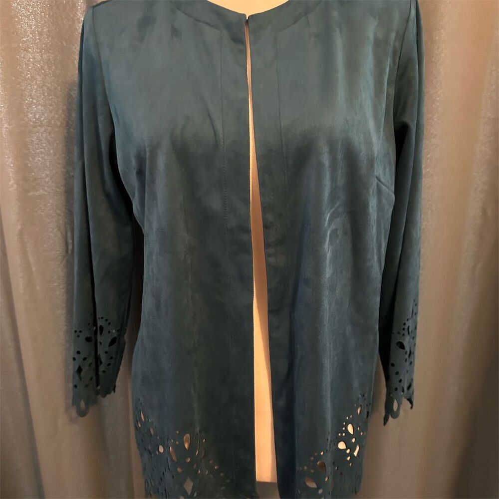 Bob Mackie Women's Faux Suede Open Front Jacket Green Size Standard Small